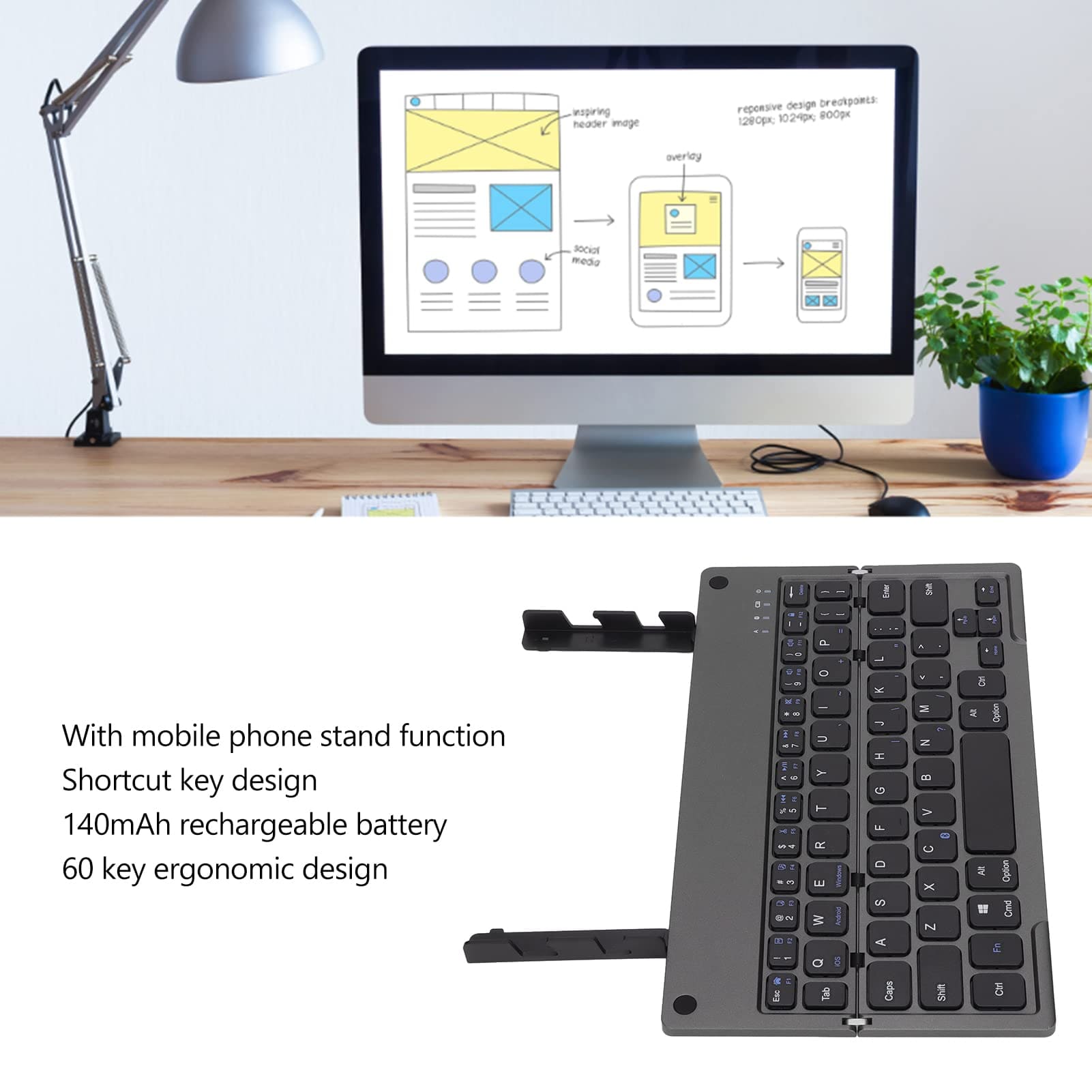 60 Keys Bluetooth Folding Keyboard
