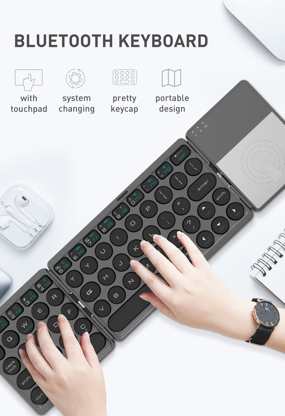 Round Key Folding Keyboard with Touchpad